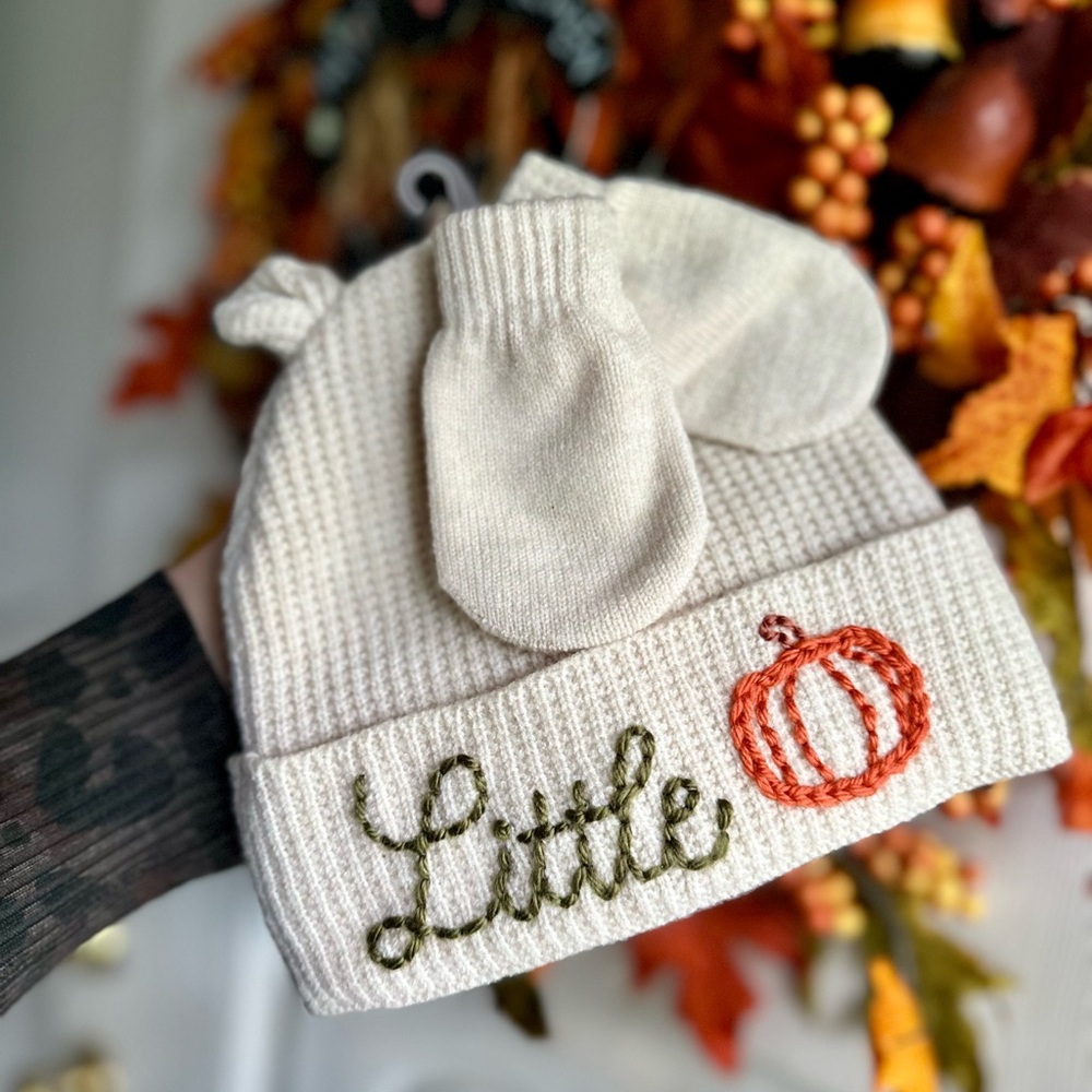 Cozy Cream Knit Baby Hat and Mittens with Pumpkin Design